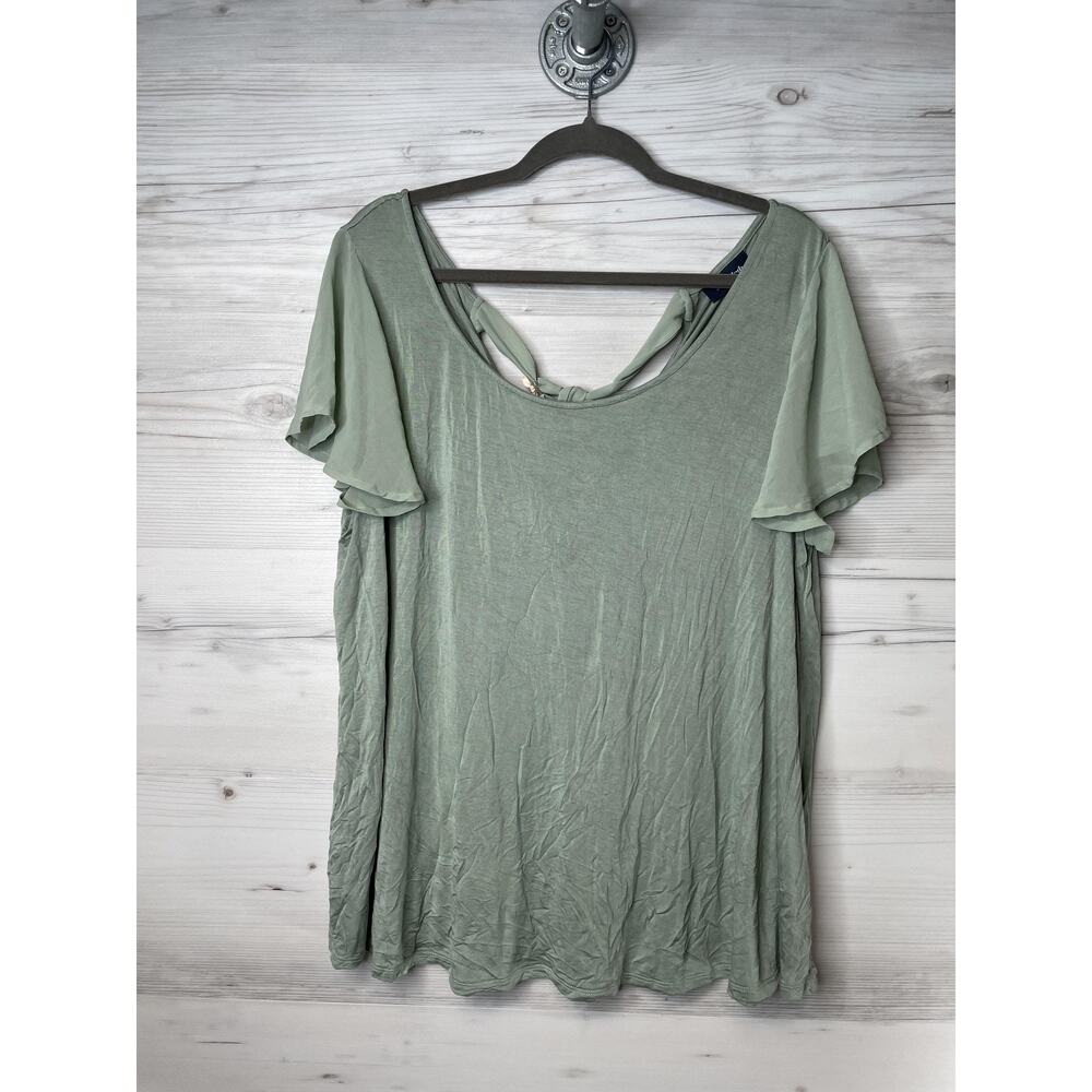 ModCloth Womens 2XL Green Chiffon Flutter Sleeve Tie Back Flowy Blouse Top‎